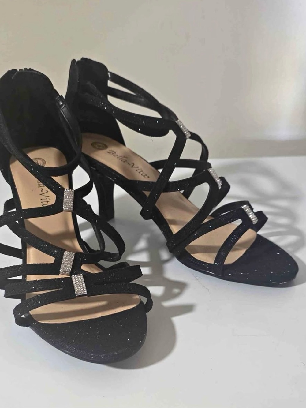 Bella Vita Black Strappy Glitter Heeled Sandals with Rhinestone Accents